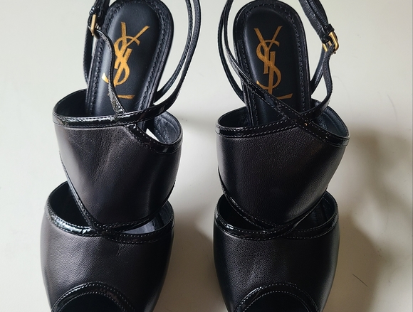 Yves SAINT LAURENT vtg *RARE* Platform Patent & Leather Ankle Strap Peep 36.5 - Picture 5 of 15